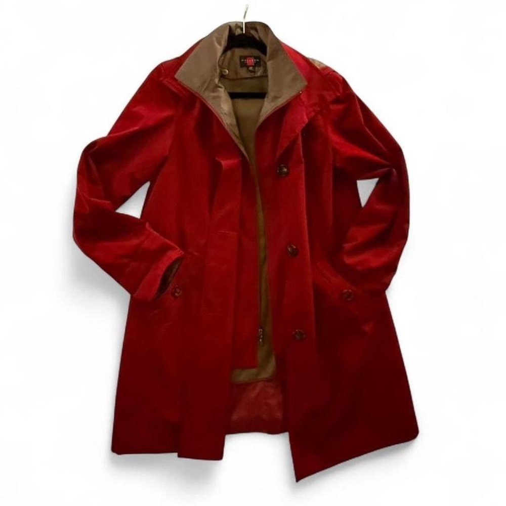 Gallery Petite Red Trench Coat Removable Hood Zip Out Liner Women MP V10183